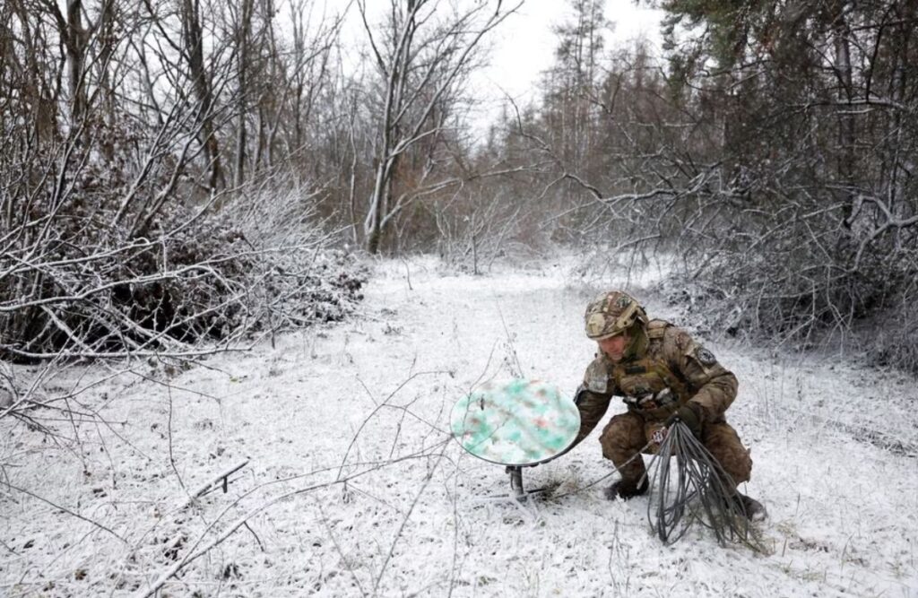 Psycho 22 from the 80th Separate Air Assault Brigade disconnects their Starlink on the front line frontline region of Kreminna-Ukraine-January 6-2023