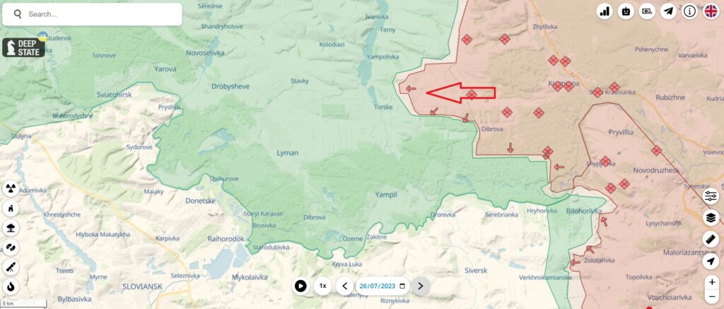 mapa do avanco russo regiao de Lyman 26-07-23
