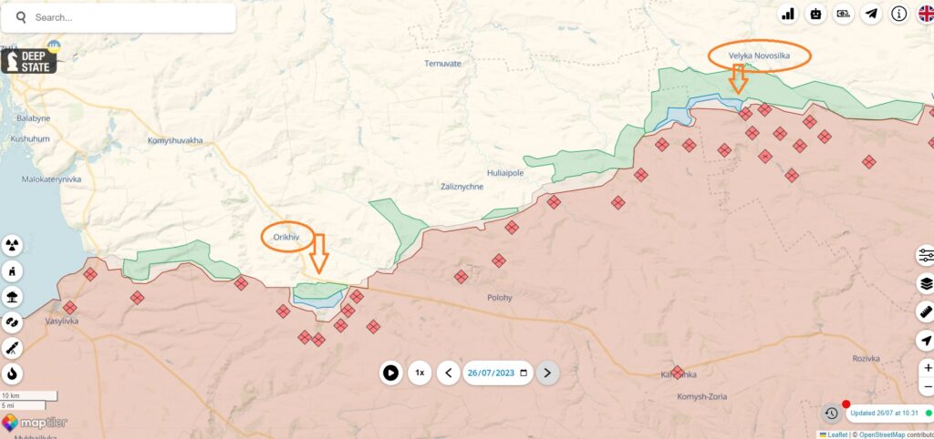 mapa do avanco ucranano a partir de orikiv e velyka novosilka 26-07-23