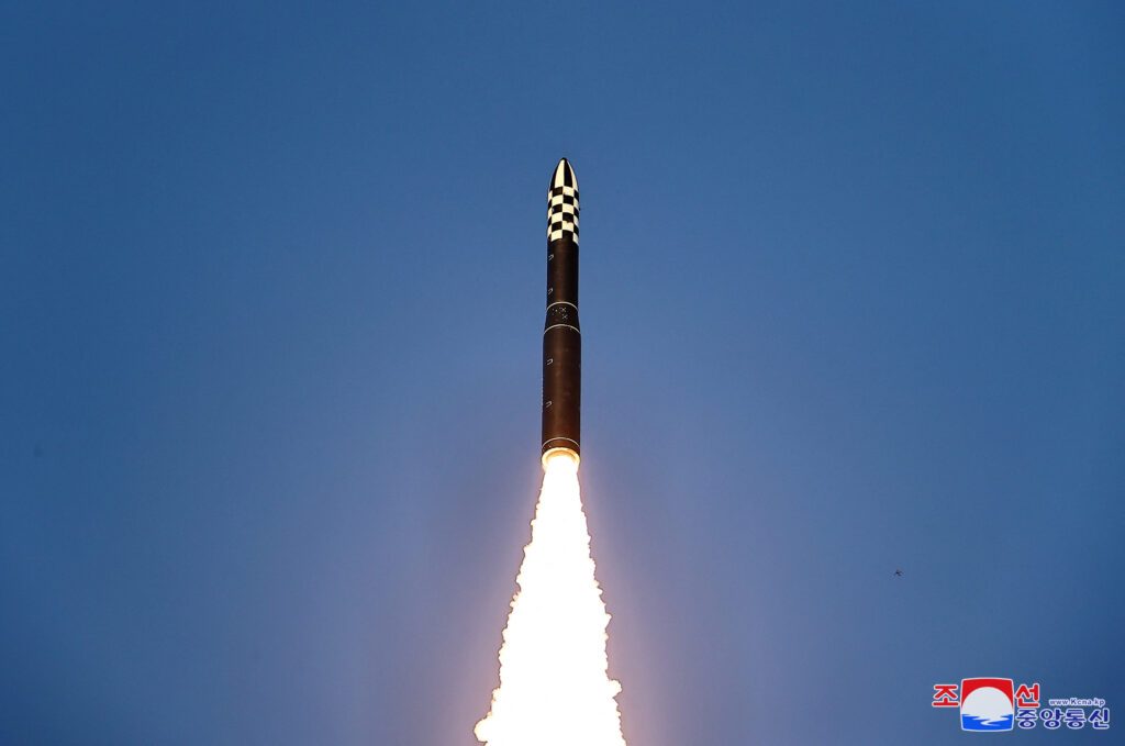 A Hwasong-18 intercontinental ballistic missile is launched during a drill