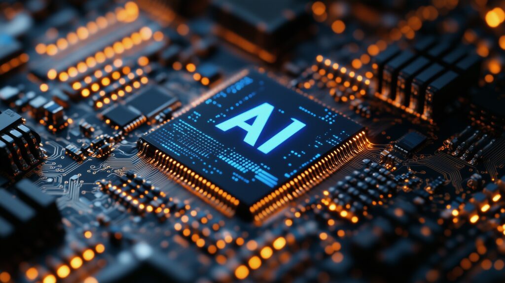 Ai,Logo,On,A,Chip,,With,Blue,Light,Glowing,Against