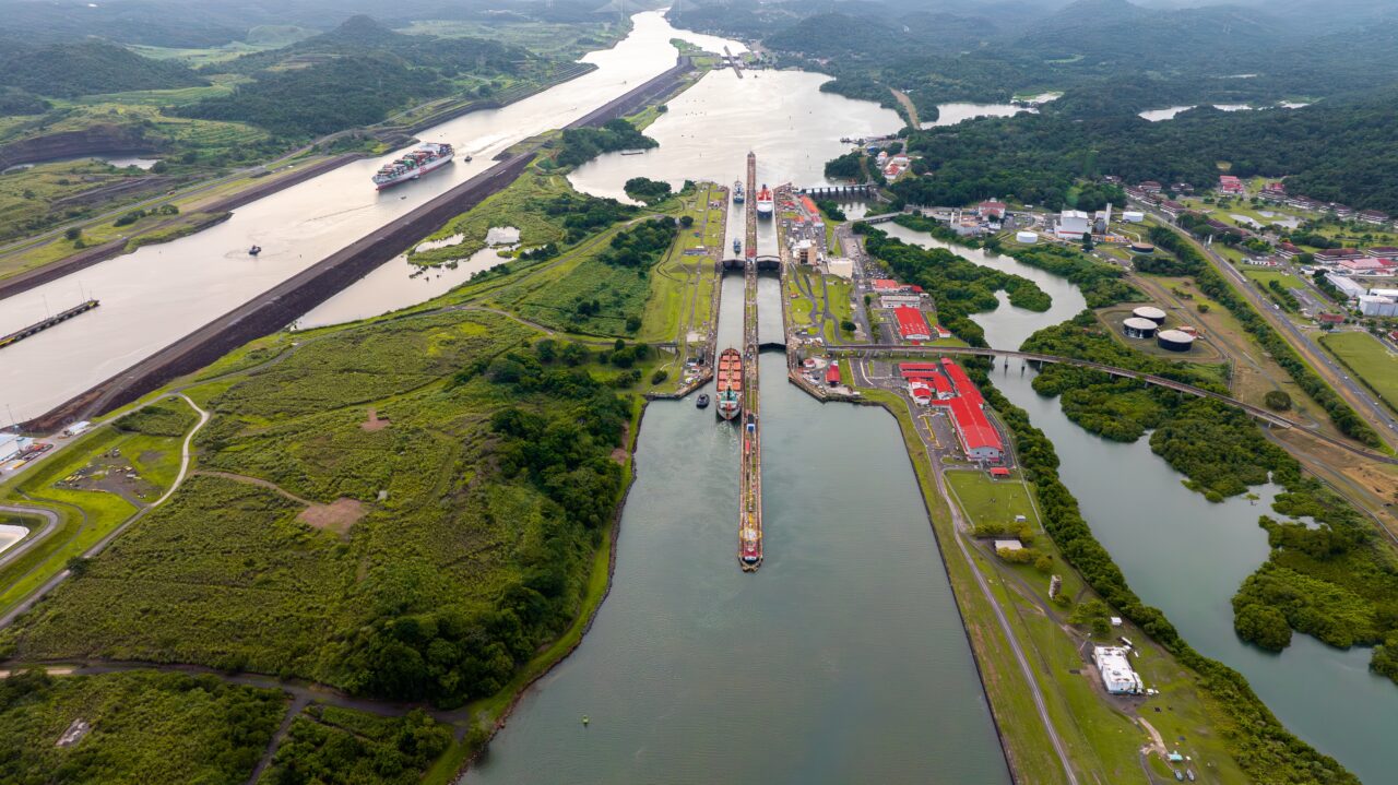 View,Of,The,Panama,Canal,Zone,,Transit,Of,Container,Ships,